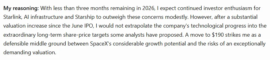ChatGPT AI predicts SpaceX stock price for the end of 2026.